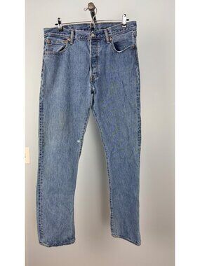 Levis 501 Mens Jeans W34 L32 Blue Denim Button Fly Straight Fit Distressed